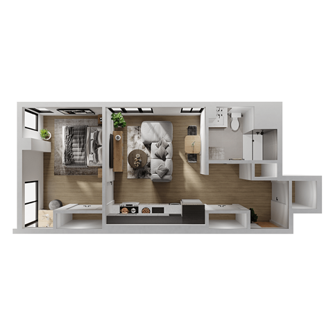 Floor plan for 1 bed, 1 bath, 629 sqft